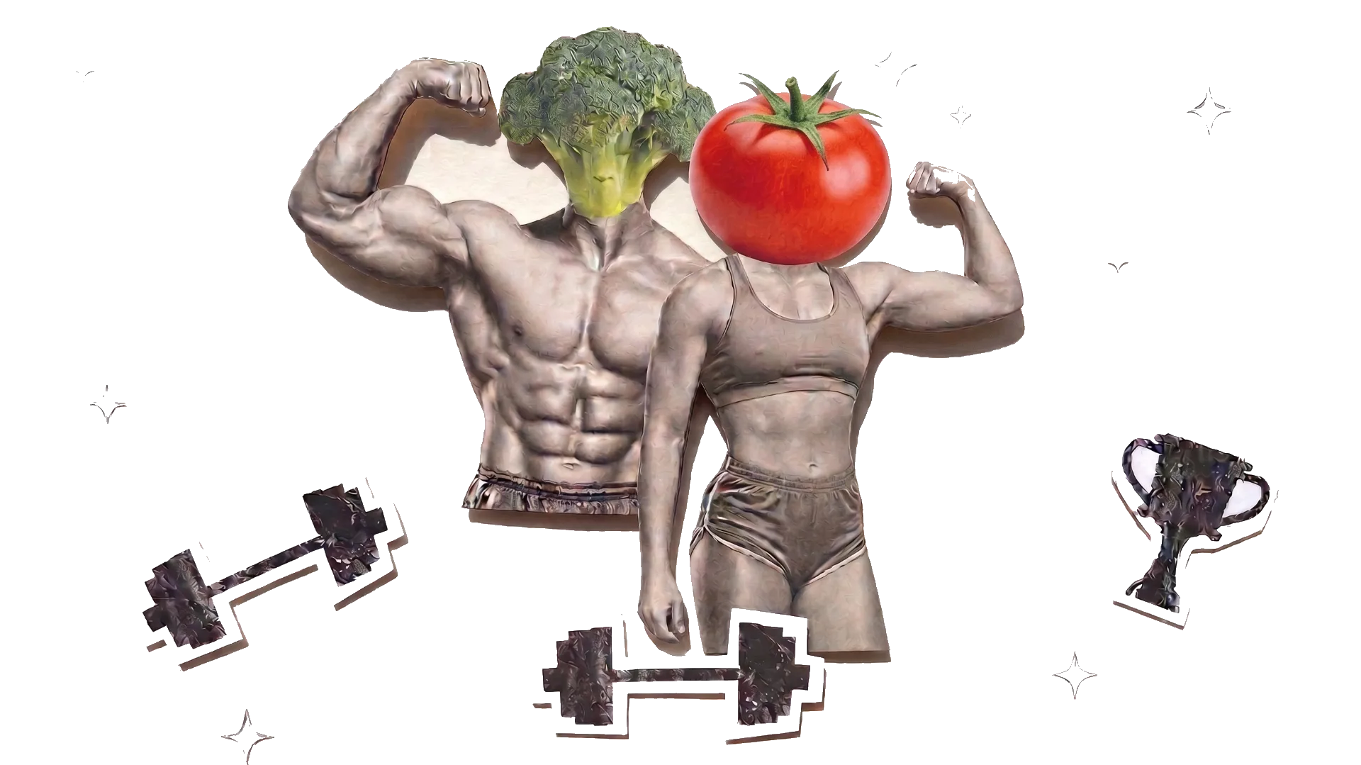 The Vegan Athlete — collage of vegan athletes with veggie heads, repping plant-powered protein
